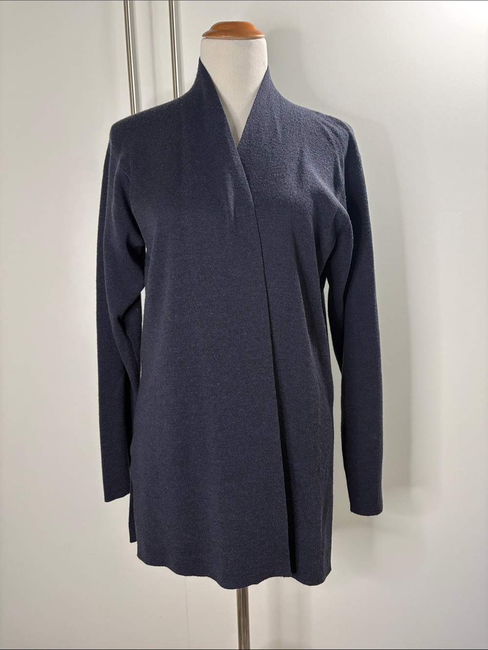 Eileen Fisher 100% Wool Navy Blue Open Front Long Cardigan Sweater M